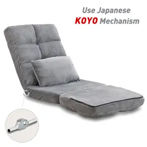 Folding Floor Sofa Chair 14 Angles Adjustable Chair Bed Lazy Floor Chaise Lounge Sofa Seat with Pillow FULLY ASSEMBLY (Gray)