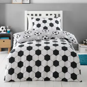 Catherine Lansfield Brushed Cotton Football Stars Reversible Duvet Cover Set with Pillowcase Grey