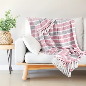 EHC Stripe Cotton Throw for Double bed Sofa Couch,150 x 200 cm, Red / Grey