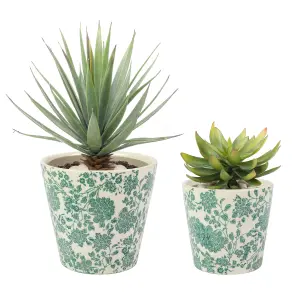 Set of 2 Green Floral Pots Indoor Outdoor Garden Hallway Room Decor Planter Pots