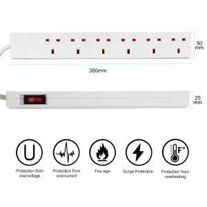 Extrastar 6 Way Extension Leads 13A, 2M, White, with Switch, Child-Resistant Sockets