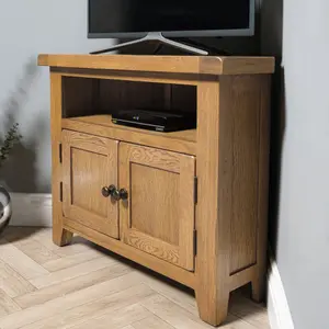 Elm Home And Garden Rustic Oak Wooden Corner Tv Media Video Unit Stand 65cm high x 80cm Wide x 40cm Deep Fully Assembled