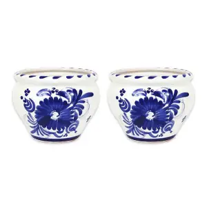 Blue Floral Hand Painted Set of 2 Outdoor Garden Patio Bola Plant Pots (D) 25cm