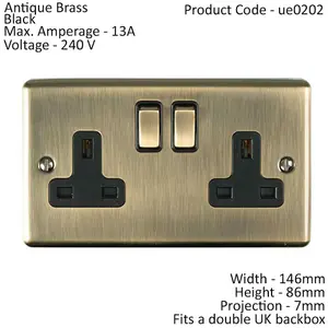 2 Gang Double UK Plug Socket ANTIQUE BRASS 13A Switched Mains Wall Power Outlet