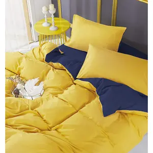 Microfiber Solid Colour Duvet Cover Set with Pillowcases Mustard/Navy / Double - 2 Standard Pillowcases