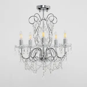 ValueLights Viscount 5 Way Silver Chrome Ceiling Light Chandelier with Lead Crystal Droplets