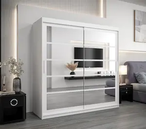 Elegant White Sliding Door Wardrobe H2000mm W2000mm D620mm with Mirrored Panels and Silver Handles