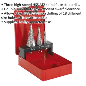 Premium 3 Piece HSS M2 Spiral Flute Step Drill Bit Set for Precision Drilling