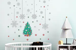 Silver Christmas Snowflakes and Friends Tree, Stickers, Xmas Wall Art, DIY Art