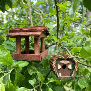 Wooden Bird Table, Love Bird Nest, Seed & Nut Feeder Set