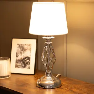 ValueLights Memphis Pair of Silver Chrome Twist Table Lamps with a Fabric Lampshade Bedroom Bedside Light - Bulbs Included