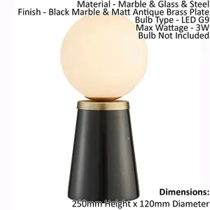 Table Lamp - Black Marble & Matt Antique Brass Plate - 3W LED G9 - Complete Lamp