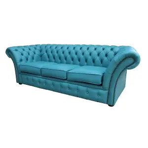 Chesterfield 3 Seater Sofa Settee Shelly Dark Teal Real Leather In Balmoral Style