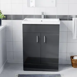 Nes Home 600mm Floorstanding Basin Vanity Unit Cabinet Bathroom Anthracite