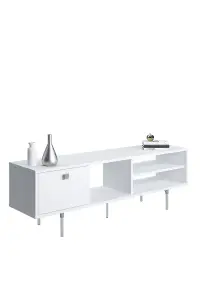 Mika TV Stand with 3 Shelves and 1 Cabinet, 140 x 35 x 45 cm TV Unit Table for TVs up to 60 inch, White