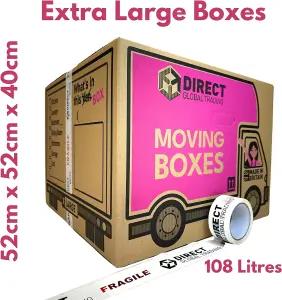 10 Strong Extra Large Cardboard Storage Packing Moving House Boxes 66 Metres Fragile Tape 52cm x 52cm x 40cm