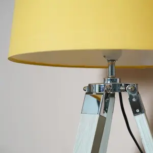 ValueLights Clipper Modern Distressed Wood and Silver Chrome Tripod Table Lamp with Mustard Light Shade