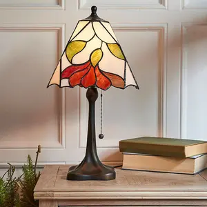 Tiffany Glass Table Lamp Light Dark Bronze & White / Red Floral Shade i00176