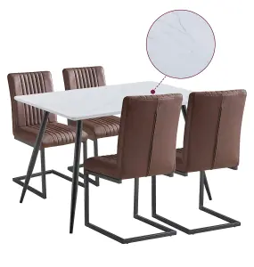 Hallowood Furniture Cullompton Rectangular Dining Table 120cm in White Marble Effect Top with 4 Brown Leather Effect Chairs