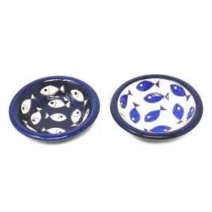 Signature Blue & White Fish Hand Painted Ceramic Set of 2 Mixed Tapas Bowls (Diam) 12cm