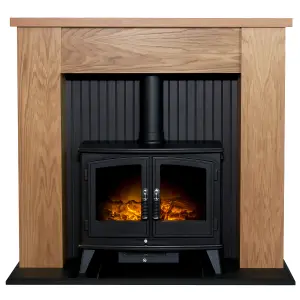 Adam New England Stove Fireplace in Oak & Black with Woodhouse Electric Stove in Black, 48 Inch