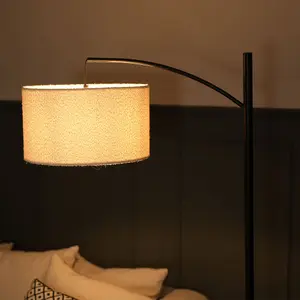 ValueLights Preto Black Metal Curve Stem Living Room Floor Lamp with a Cream Boucle Shade - Bulb Included