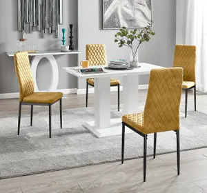 Furniturebox UK 4 Seater Dining Set - Imperia White High Gloss Dining Table and Chairs - 4 Mustard Velvet Milan Black Leg Chairs