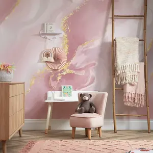 Dreamy Marble Mural In Pastel Pink With Gold (300cm x 240cm)