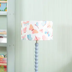 Powder Blue Bobbin Stem Table Lamp with Butterfly Drum Shade for Living Room Bedroom - LED Bulb Included