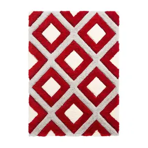 Grey Red Modern Shaggy Geometric Rug For Dining Room-120cm X 170cm