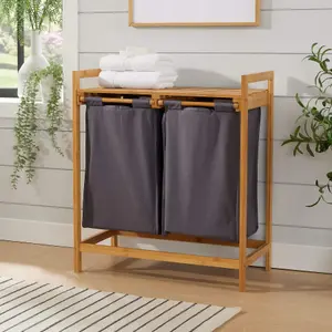 Home Source Walton Bamboo Laundry Basket with 2 Grey Fabric Compartments Storage Unit