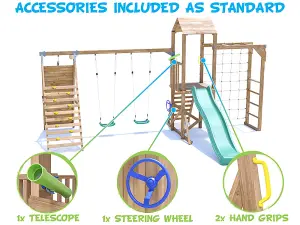 Dunster House Wooden Climbing Frame with Two Swings, Tall Climbing Wall, Monkey Bars, Cargo Net & Slide BalconyFort Low Platform