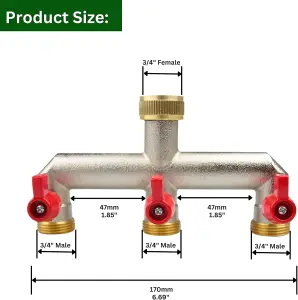 Brass 3-Way Garden Hose Tap Splitter with PTFE Tape  Durable three-quarts" Outdoor Tap Connector with Individual Valves