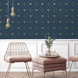 World of Wallpaper Honeycomb Bee Wallpaper Navy (50401-BUR)