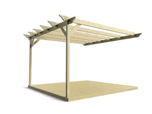 Wall mounted pergola and decking complete diy kit, Orchid design (2.4m x 2.4m, Light green (natural) finish)