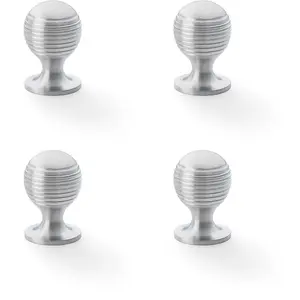 4 PACK - Reeded Ball Door Knob - 25mm Diameter Satin Chrome Lined Cupboard Pull Handle