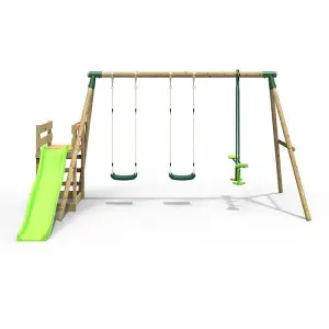 Rebo Wooden Swing Set plus Deck & Slide - Neptune Green