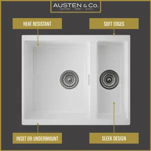 Austen & Co. Florence Inset & Undermount 1.5 Bowl Reversible Granite Kitchen Sink With Strainer & Over Flow Kit - White