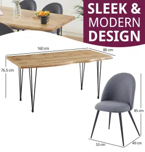 Hallowood Furniture Cullompton Large Dining Table Live Edge Effect Top (1.6m) with 4 Grey Fabric Rounded Backrest Chairs