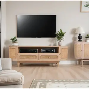 Berma Cane & Mango Wood 2 Drawers and 2 Door TV Cabinet UPTO 60 INCH