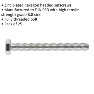 25 Pack M10 x 100mm Zinc Plated Setscrews - Grade 8.8 Fully Threaded DIN 933