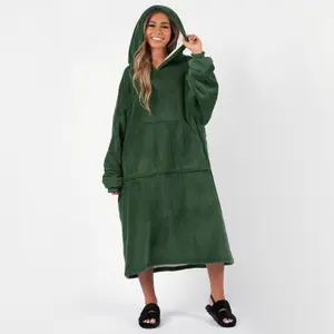 Sienna Long Hoodie Blanket Sherpa Fleece Oversized Sweatshirt - Forest Green