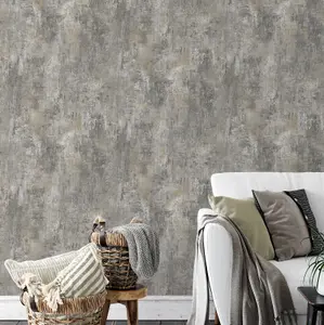 Plain Charcoal Grey Distressed Stone Concrete Effect Cove Texture Wallpaper