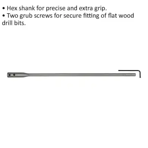 300mm Flat Wood Drill Bit Extension with Hex Shank and Grub Screws for Secure Fitting