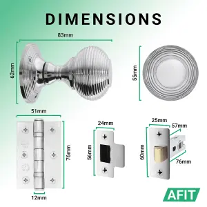 AFIT Beehive Door Knob Set Polished Chrome - 1 Pair of Reeded Mortice Knobs (55mm), Latch (76mm) & Hinges (76mm) for Internal Door