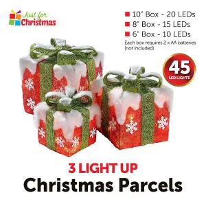 Set of 3 Light Up Christmas Present Parcels Decorations for Under the Tree - Red with Snow