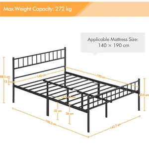 Minimalist Metal Bed Frame with Slatted Headboard Black / Double (4'6)