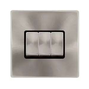 Brushed Steel Screwless Plate 10A 3 Gang 2 Way Ingot Light Switch - Black Trim - SE Home