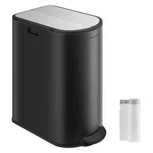 SONGMICS Double Compartment Kitchen Bin, Twin Slim Trash Can for Recycling and Waste, Pedal Bin, Ink Black and Silver