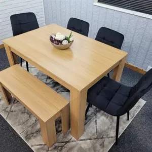 Dining Table and 4 Chairs With Bench Oak Effect Wood 4 Black Velvet  Chairs Dining Room